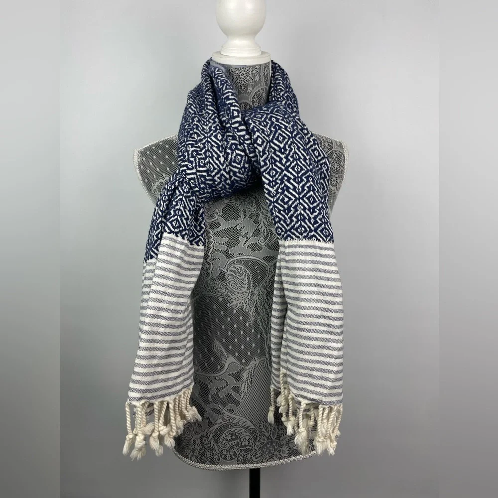 Textured Blue White‎ Striped Rectangular Scarf Beach Throw Blanket Fringe Hem